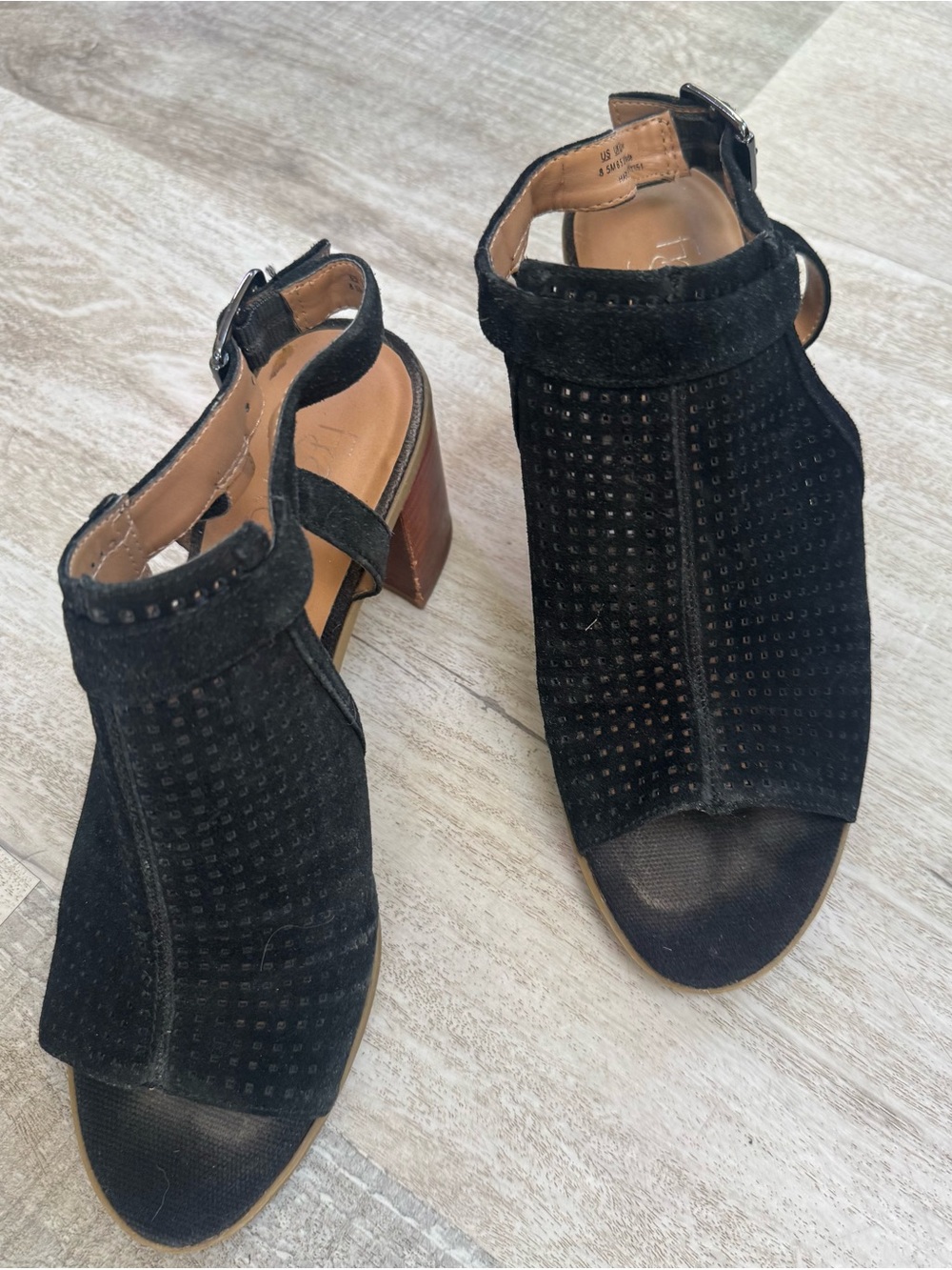 Franco Sarto Black Suede Perforated Open-Toe Block Heel Sandals